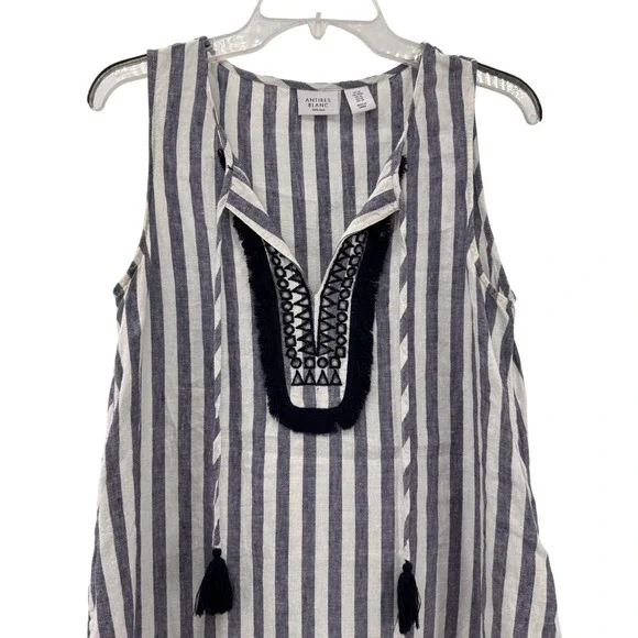 Antibes Blanc Blue White Linen Tunic Dress Preppy Beach Women's Medium - Picture 2 of 8